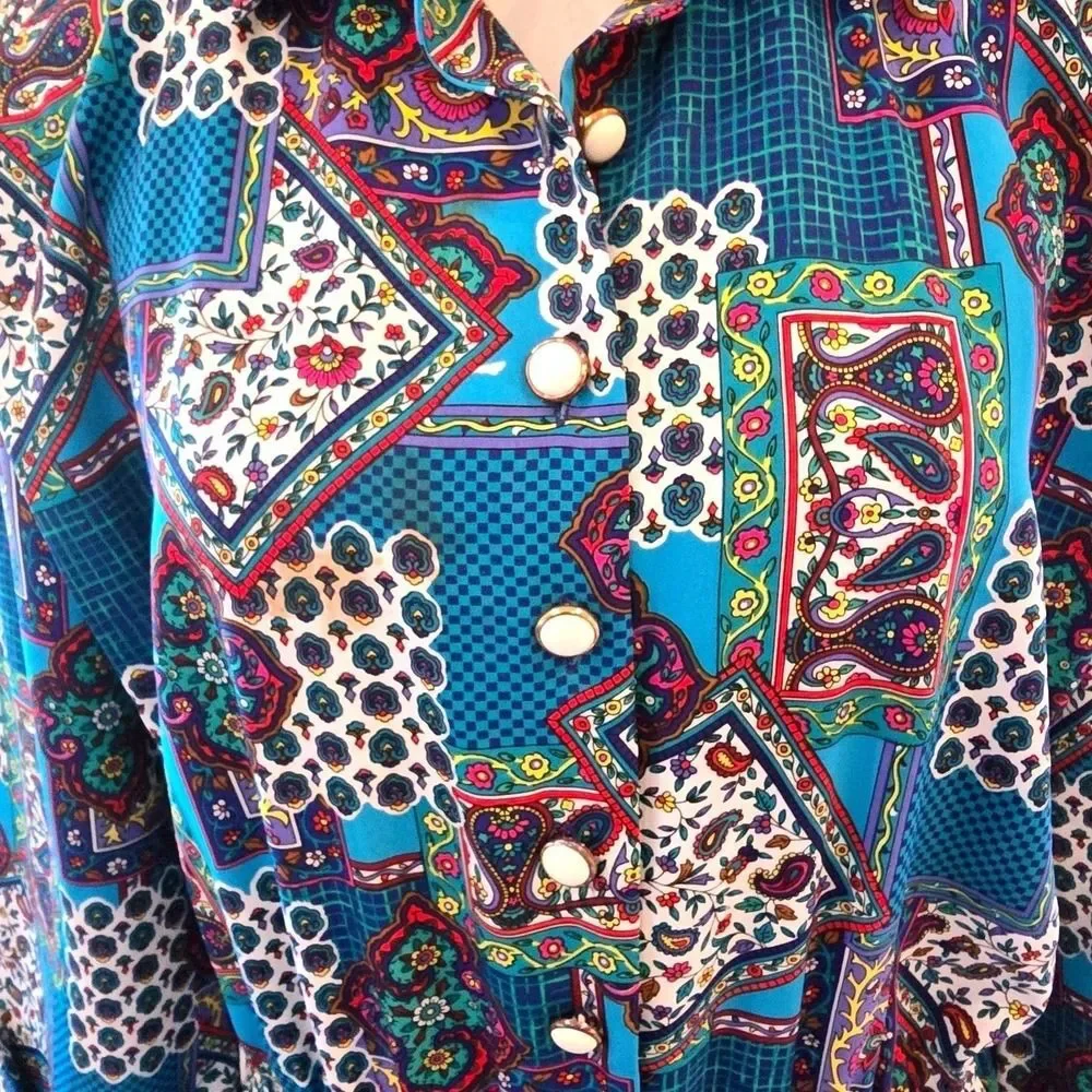 Vintage 80s Schrader Petite Dress Womens 14P Paisley Patchwork Shirtdress Midi